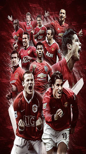 Manchester United Legends Collage: Celebrating Iconic Players in Classic Red Kits HD phone wallpaper
