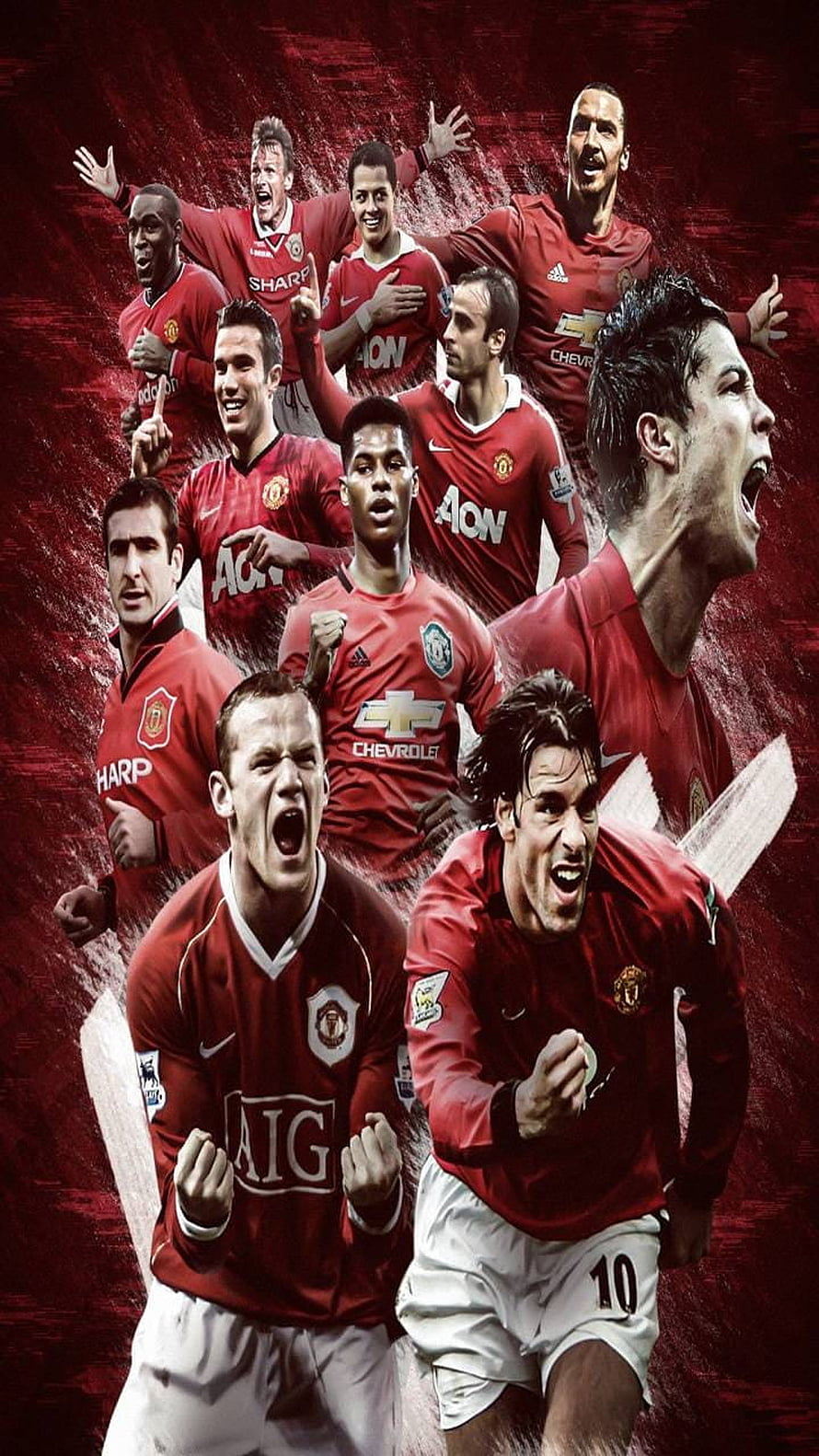 Manchester United Legends Collage: Celebrating Iconic Players in Classic Red Kits HD phone wallpaper