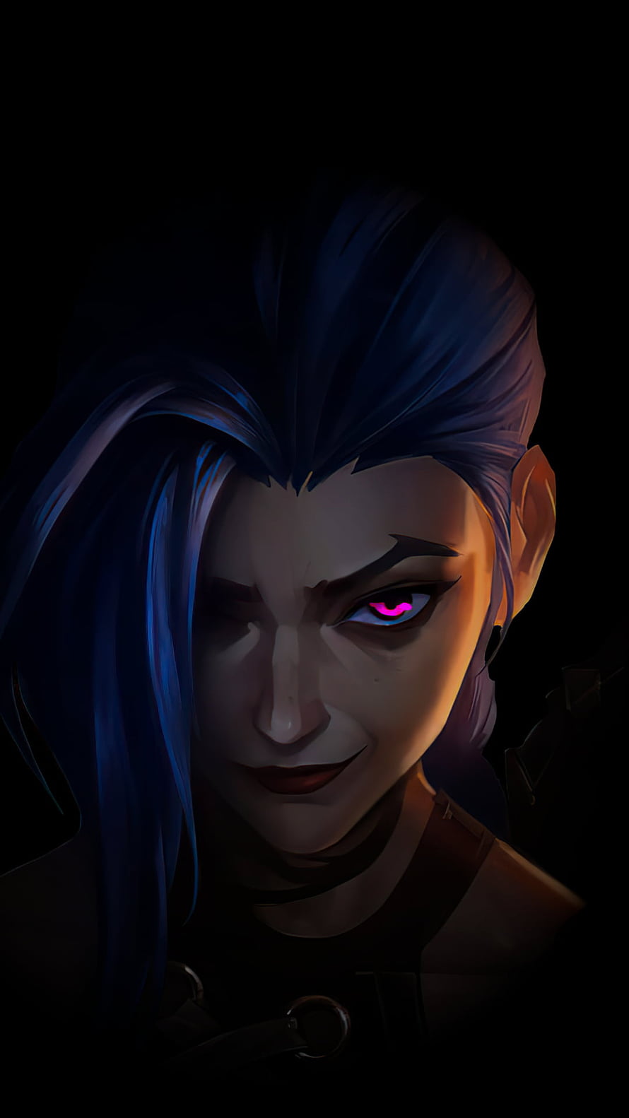 Jinx from Arcane with glowing pink eyes and blue hair in dramatic dark portrait HD phone wallpaper