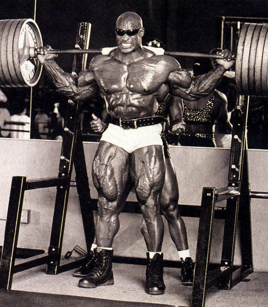 Ronnie Coleman performing a heavy barbell squat in a vintage black and white bodybuilding photo, Ronnie Coleman - ( collections) HD phone wallpaper