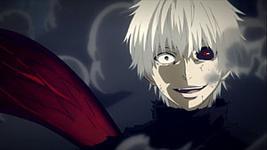 Kaneki Ken from Tokyo Ghoul with red eye and dark wings in dramatic anime scene HD wallpaper