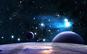 Stunning Space Wallpaper Featuring Planets, Stars, and a Glowing Blue Nebula in Deep Space HD wallpaper