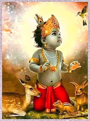 Baby Krishna with Peacock Crown and Forest Animals in Golden Light HD phone wallpaper