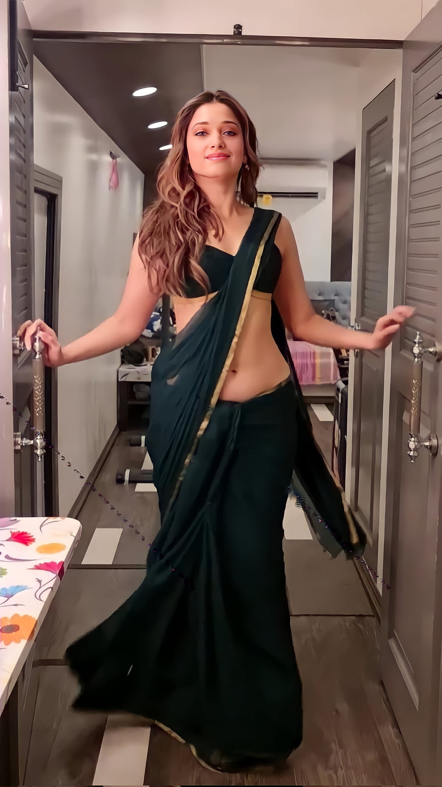 Tamannaah Bhatia in a Dark Green Saree with Gold Border HD phone wallpaper