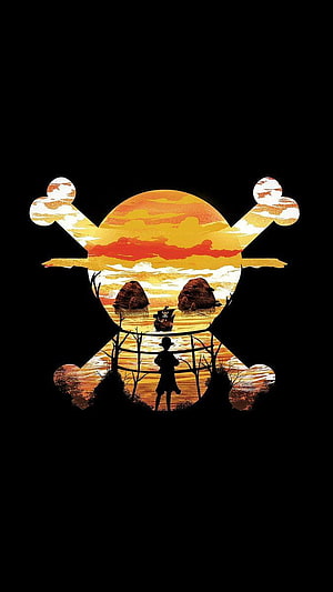 One Piece Jolly Roger Silhouette with Luffy and Thousand Sunny at Sunset HD phone wallpaper