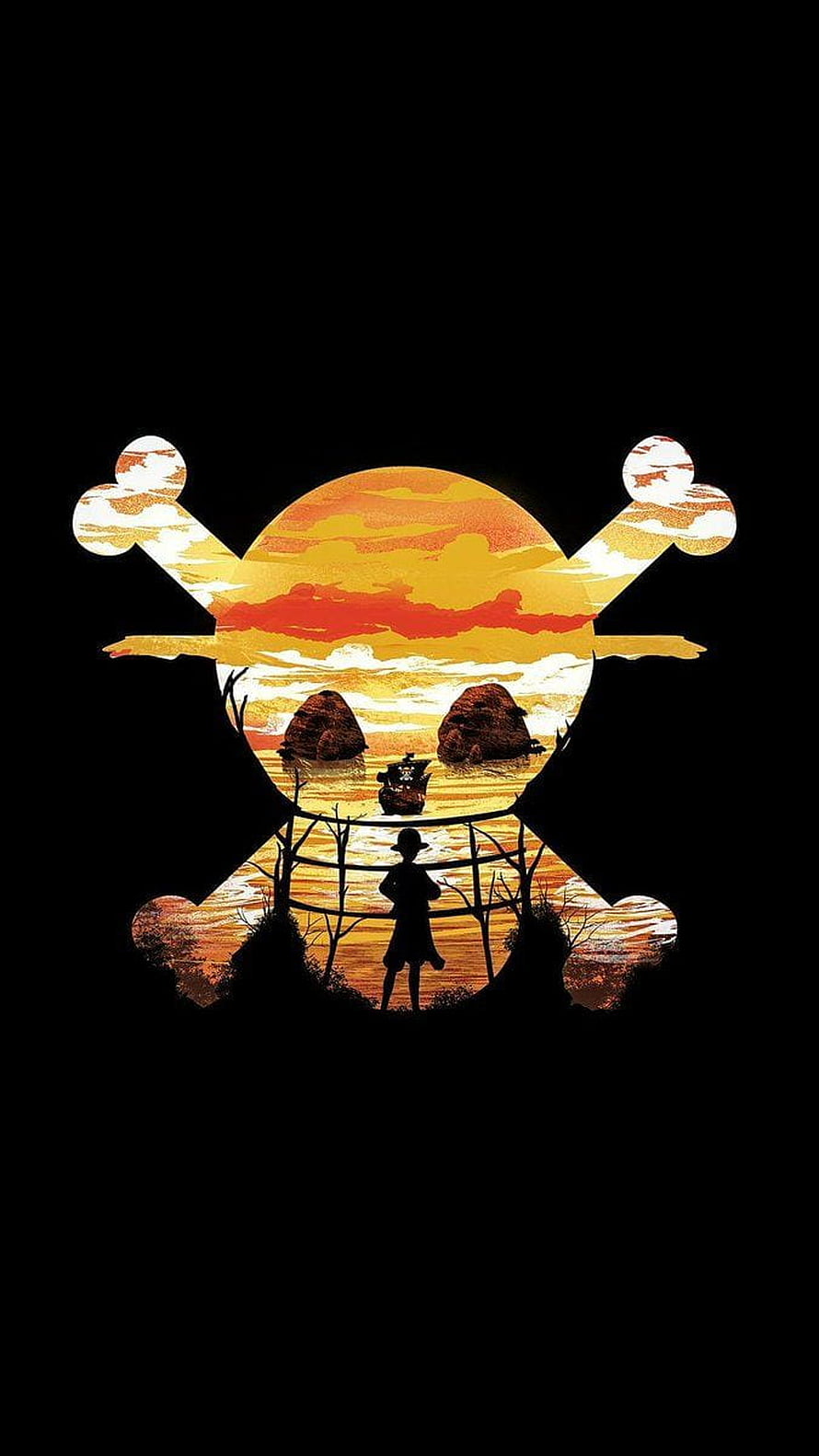 One Piece Jolly Roger Silhouette with Luffy and Thousand Sunny at Sunset HD phone wallpaper
