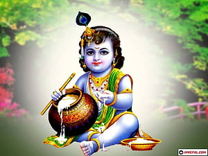 Baby Krishna Churning Butter in a Pot for Janmashtami Celebration HD wallpaper