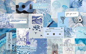 Baby Blue Aesthetic Collage Featuring Ukelele, Jellyfish, and Inspirational Quotes HD wallpaper