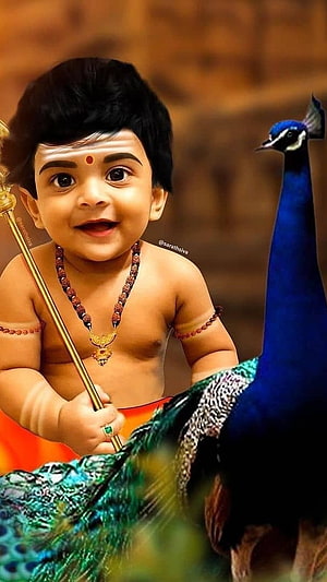 Cute Baby Lord Kartikeya with Peacock and Golden Spear HD phone wallpaper