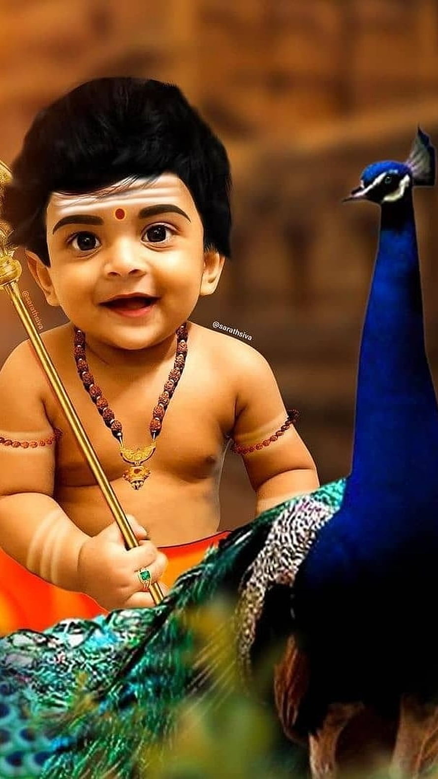 Cute Baby Lord Kartikeya with Peacock and Golden Spear HD phone wallpaper