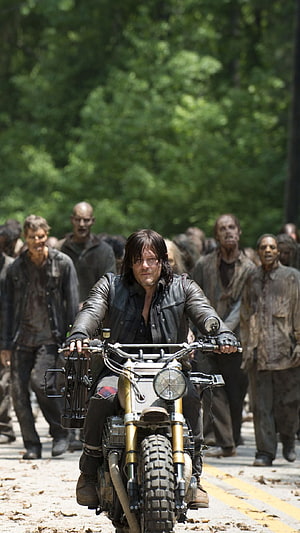 Daryl Dixon Riding a Custom Motorcycle Through a Zombie Horde in The Walking Dead HD phone wallpaper