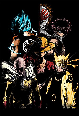 Sylvain Marchet Anime Crossover Illustration Featuring Iconic Shonen Heroes HD phone wallpaper