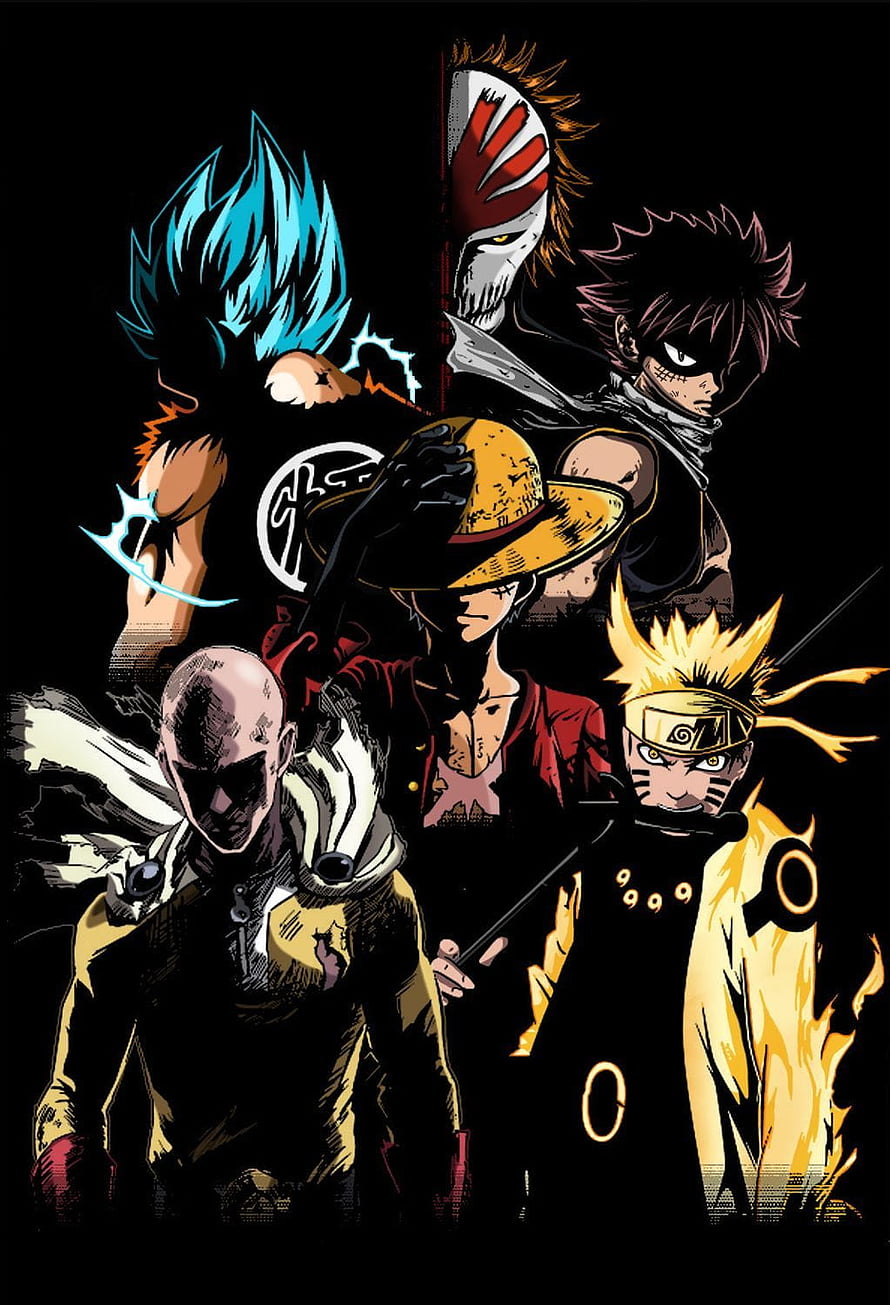 Sylvain Marchet Anime Crossover Illustration Featuring Iconic Shonen Heroes HD phone wallpaper