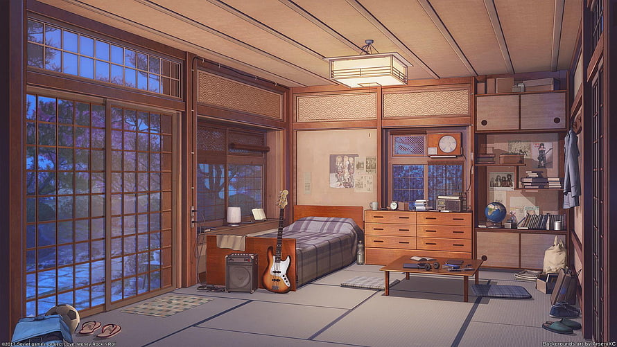 Cozy Japanese Anime Bedroom Interior with Electric Guitar and Tatami Floor HD wallpaper