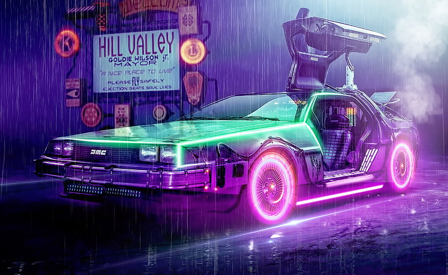 Back to the Future DeLorean Time Machine in Neon Cyberpunk Rain HD wallpaper
