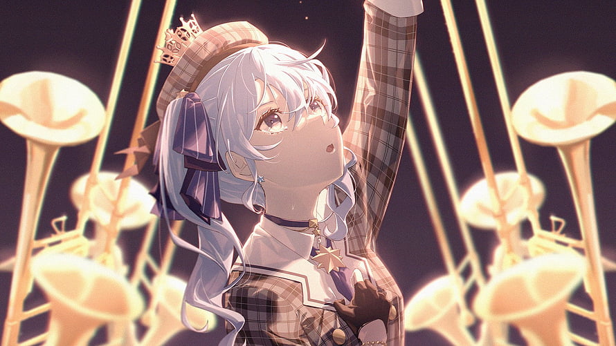 Hoshimachi Suisei from Hololive in a plaid outfit with a crown, surrounded by glowing brass instruments HD wallpaper