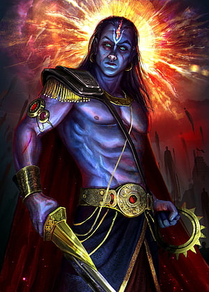 Blue Skinned Warrior With Golden Sword And Red Cape Fantasy Art HD phone wallpaper