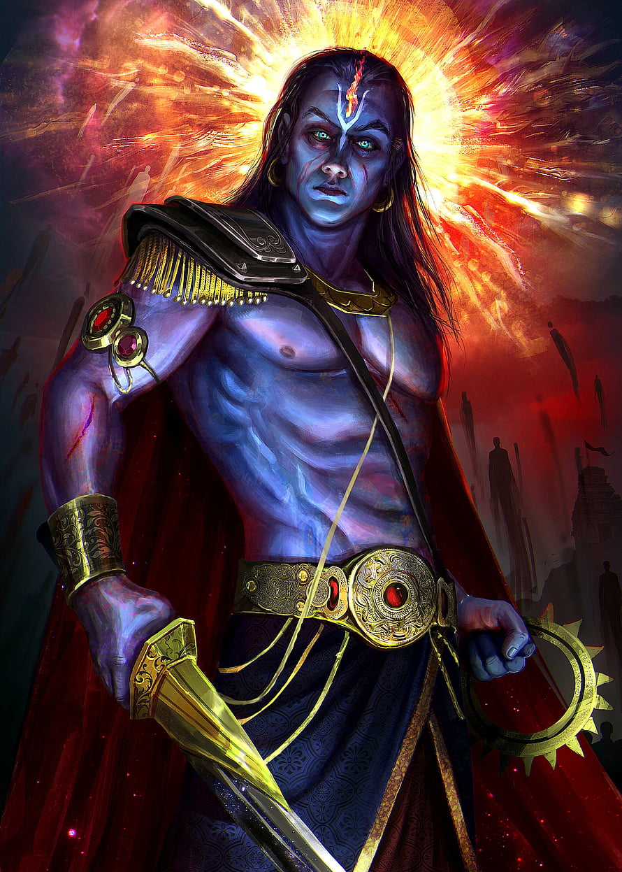 Blue Skinned Warrior With Golden Sword And Red Cape Fantasy Art HD phone wallpaper