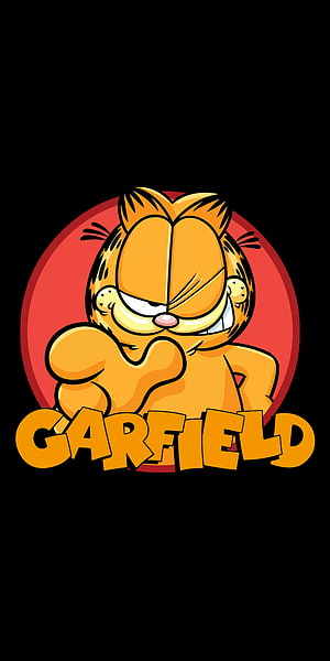 Garfield Cartoon Cat with Mischievous Grin on Red Circle Background HD phone wallpaper
