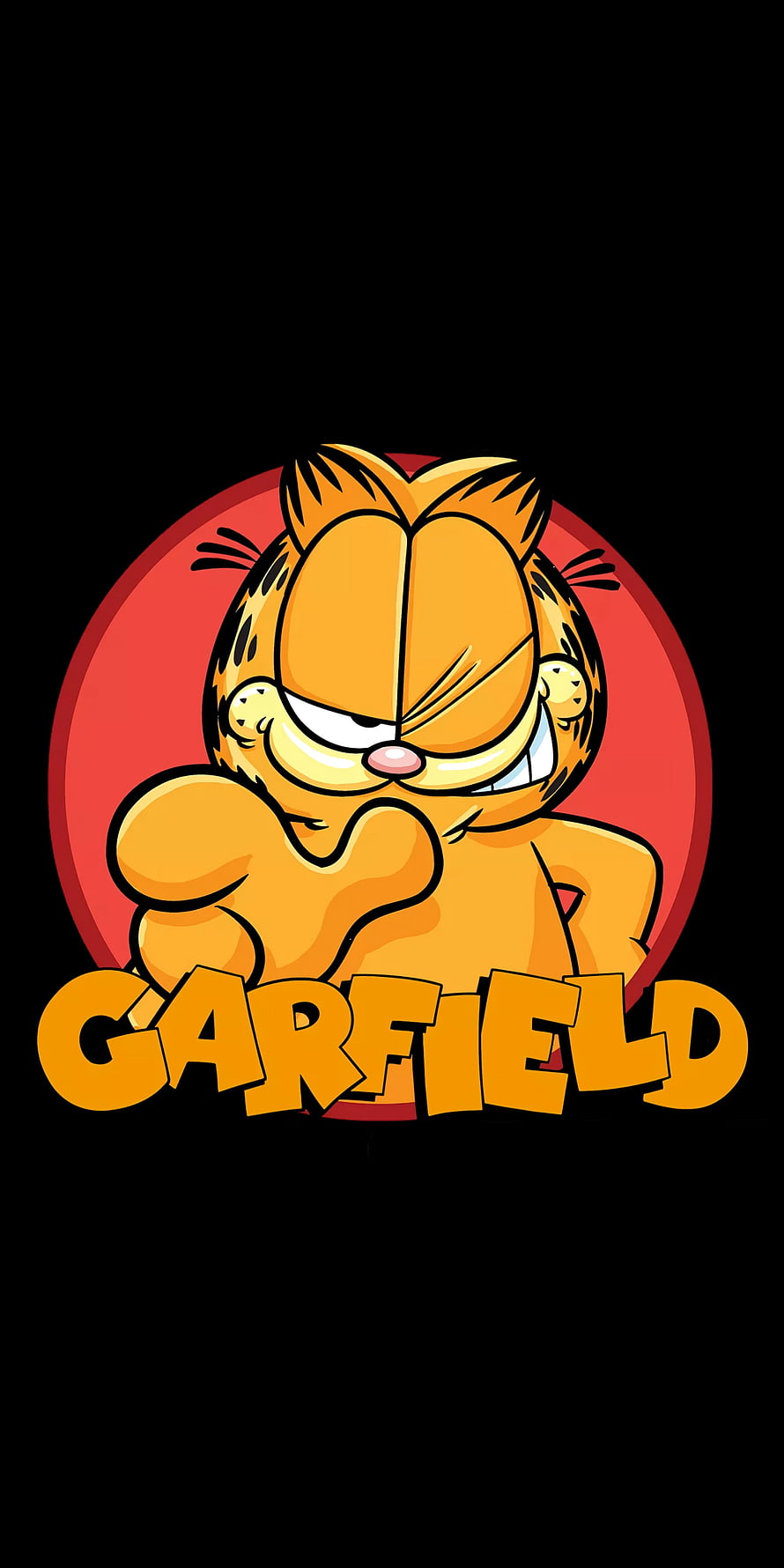 Garfield Cartoon Cat with Mischievous Grin on Red Circle Background HD phone wallpaper