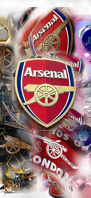 Arsenal FC Crest and Cannon Emblem Digital Artwork with London Bridge Background HD phone wallpaper