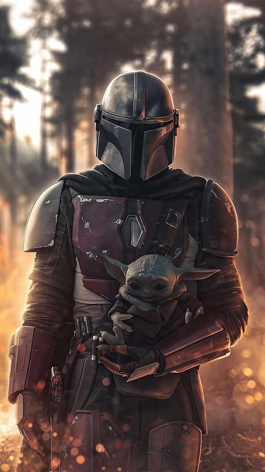 The Mandalorian holding Grogu in a sunlit forest with warm cinematic lighting, Mandalorian, grogu, starwars, babyyoda, dindjarin HD phone wallpaper