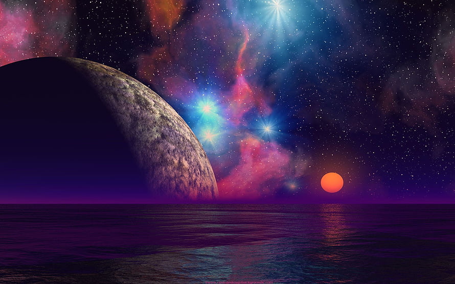 Vibrant Alien Planet Landscape With Giant Moon And Colorful Nebula Over Ocean HD wallpaper