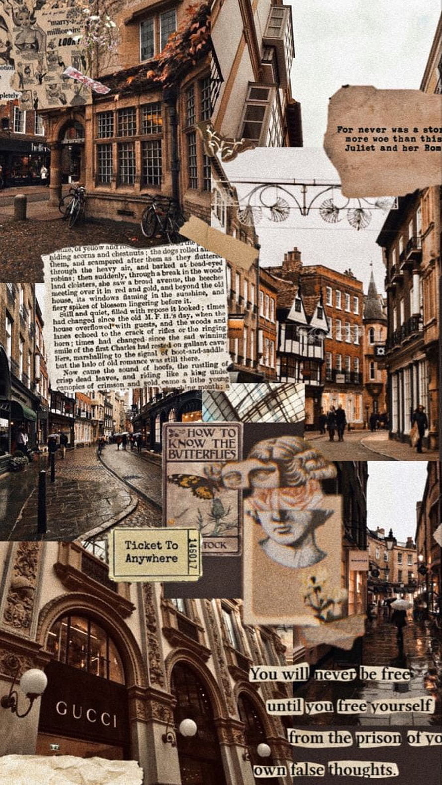 Vintage European Street Collage with Antique Text and Sepia Tones HD phone wallpaper