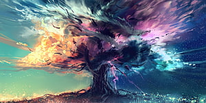 Fantasy Tree of Life Digital Art with Cosmic and Elemental Energy Swirls HD wallpaper