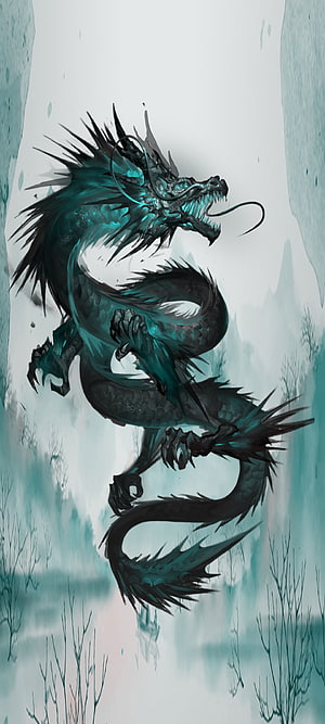 Majestic Teal Chinese Dragon Coiling Through Misty Ink-Wash Landscape HD phone wallpaper