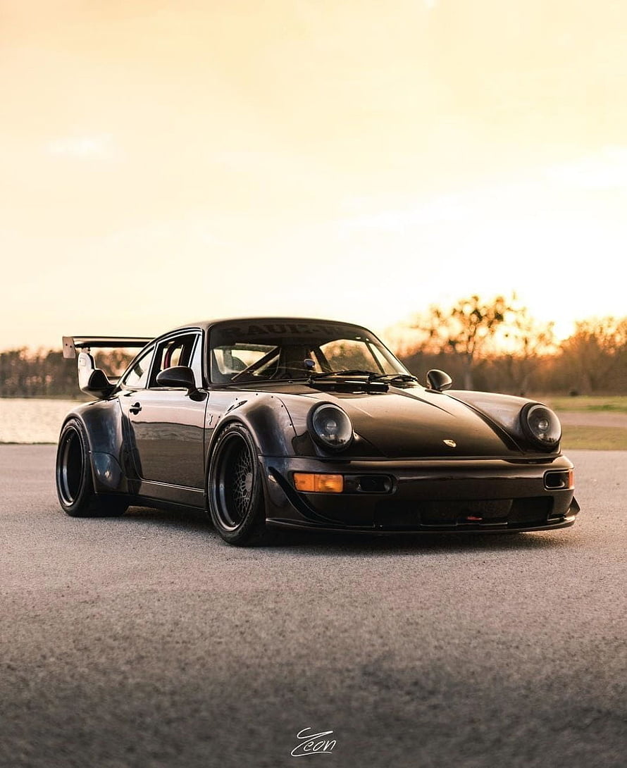 Black RWB Porsche 964 Widebody with Rear Wing at Golden Hour HD phone wallpaper