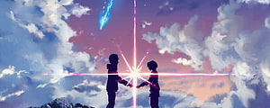 Anime Couple Holding Hands With Glowing Light Beam In Sky HD wallpaper