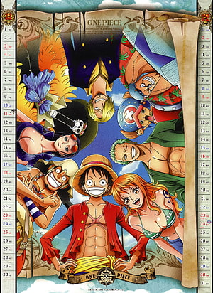 One Piece Straw Hat Crew Calendar Artwork Featuring Luffy, Zoro, Nami, Usopp, Chopper, Robin, Franky, Brook, and Sanji HD phone wallpaper