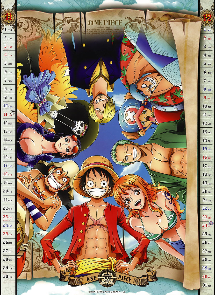 One Piece Straw Hat Crew Calendar Artwork Featuring Luffy, Zoro, Nami, Usopp, Chopper, Robin, Franky, Brook, and Sanji HD phone wallpaper