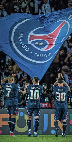 PSG Stars Mbappe, Neymar, and Messi Acknowledge Fans Under Club Flag HD phone wallpaper