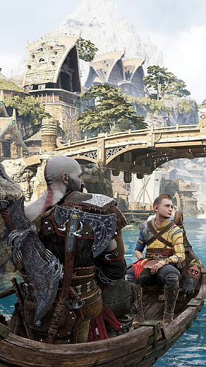 Kratos and Atreus in a wooden boat approaching a Norse village in God of War Ragnarok HD phone wallpaper