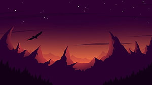Dramatic Mountain Silhouette at Twilight with Flying Bird and Starry Sky HD wallpaper