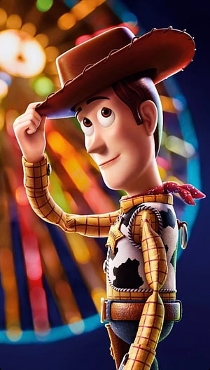 Woody from Toy Story tipping his cowboy hat with a friendly smile against a colorful carnival background HD phone wallpaper