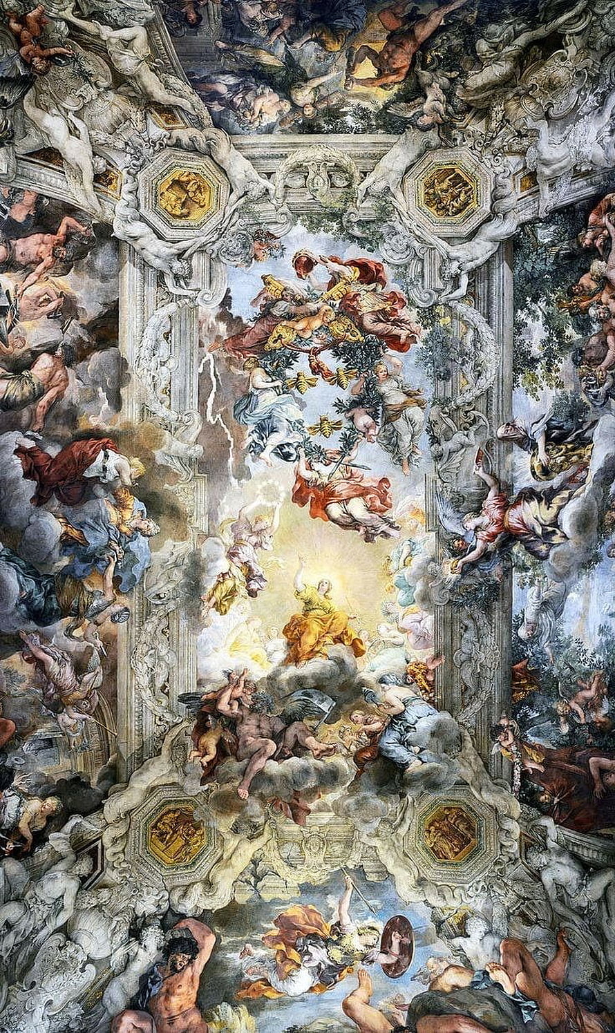 Baroque Ceiling Fresco with Angels and Mythological Figures in Ornate Architectural Setting HD phone wallpaper