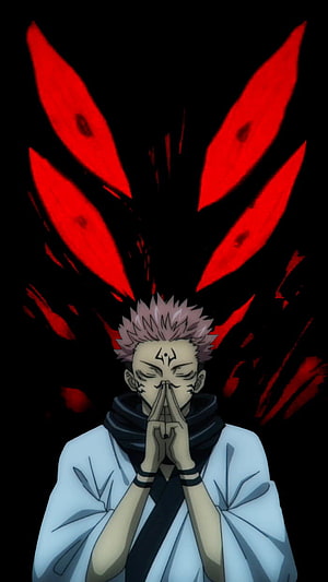 Sukuna Ryomen from Jujutsu Kaisen with red eyes and hands clasped in prayer HD phone wallpaper