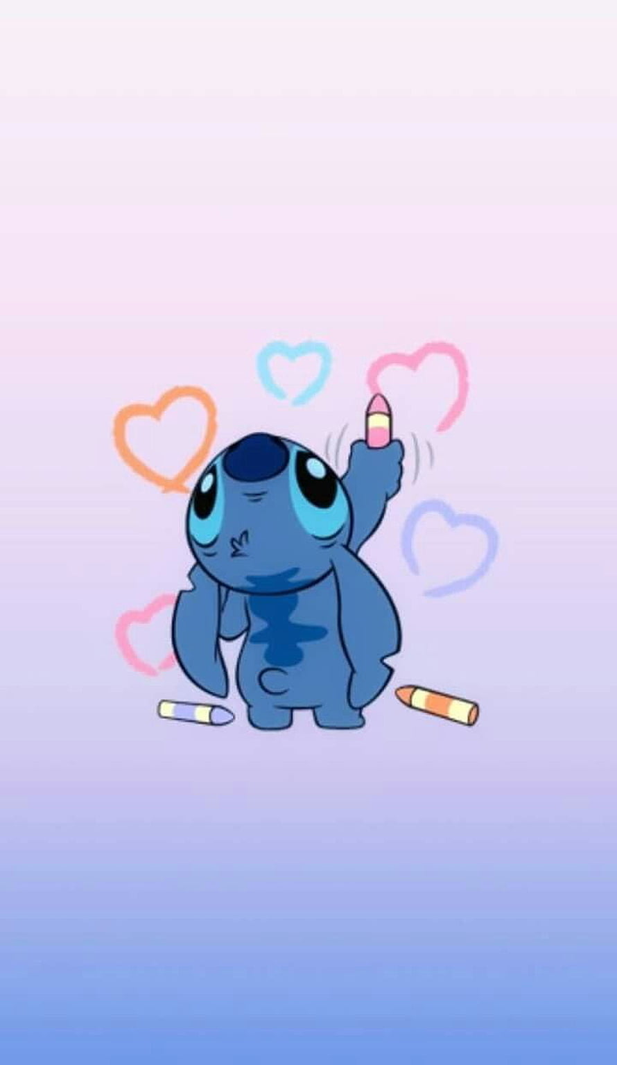 Cute Stitch Drawing Hearts With Crayons On Pastel Gradient Background HD phone wallpaper