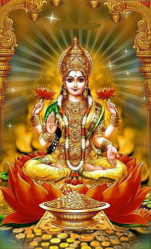 Goddess Lakshmi Seated on Lotus with Gold Coins and Wealth HD phone wallpaper