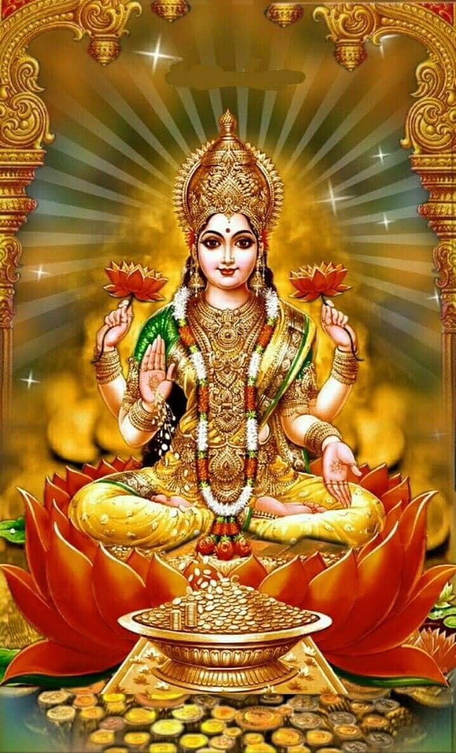 Goddess Lakshmi Seated on Lotus with Gold Coins and Wealth HD phone wallpaper