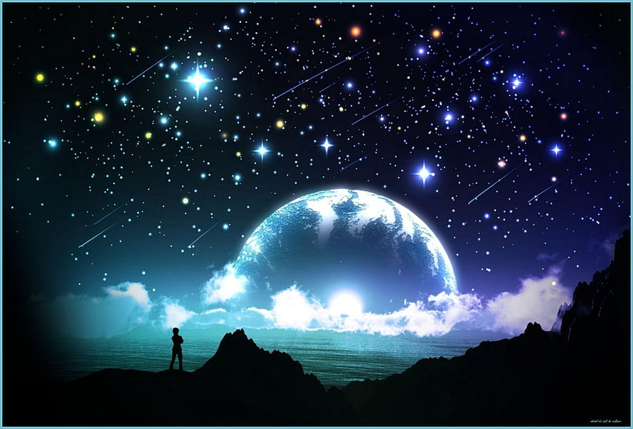 Silhouette of a person standing on a rocky cliff overlooking the ocean with a giant glowing Earth rising from the horizon under a starry night sky with shooting stars HD wallpaper