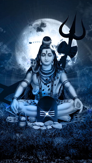 Lord Shiva Meditating Under Full Moon With Trishula And Shiva Lingam HD phone wallpaper