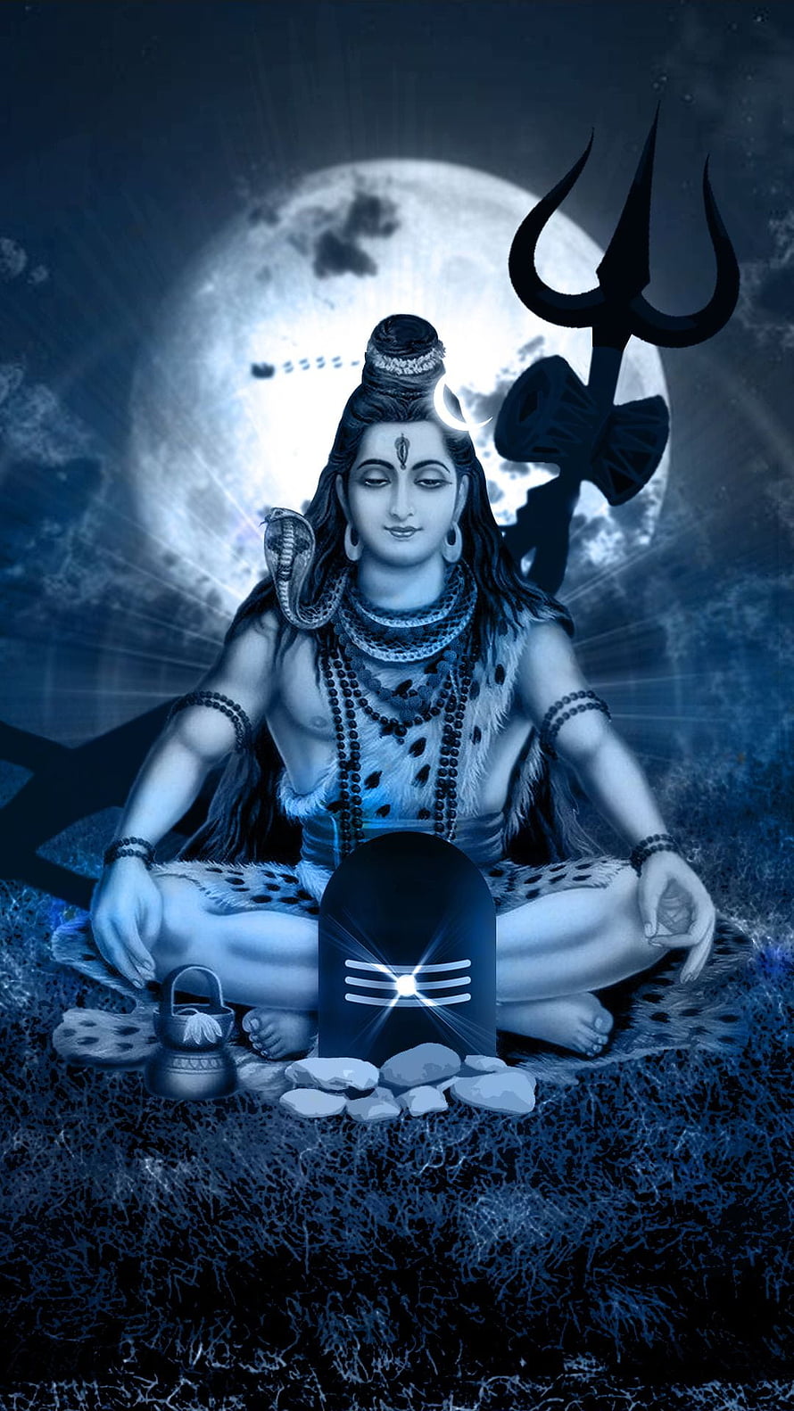 Lord Shiva Meditating Under Full Moon With Trishula And Shiva Lingam HD phone wallpaper