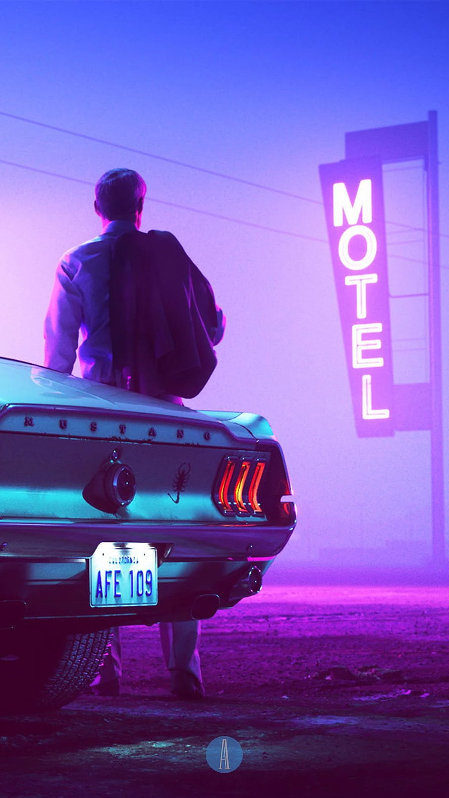 Drive Movie Poster with Classic Mustang and Neon Motel Sign HD phone wallpaper