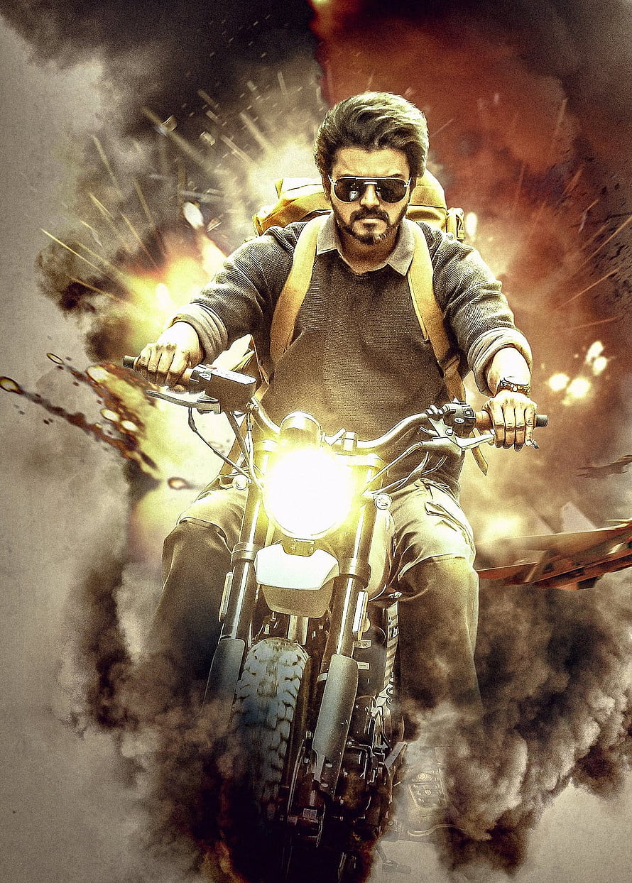 Vijay Thalapathy Riding Motorcycle Through Explosive Action Scene HD phone wallpaper