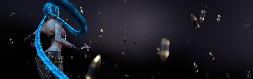 Jinx from League of Legends with blue braids and floating bullets in a dark cinematic scene HD wallpaper