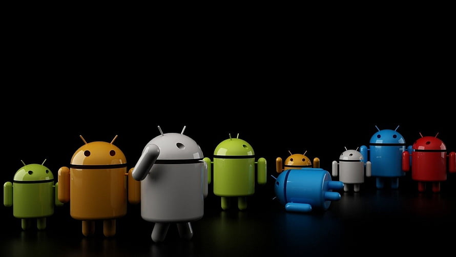 Colorful Android Robot Mascots Standing in a Row on a Black Background HD wallpaper